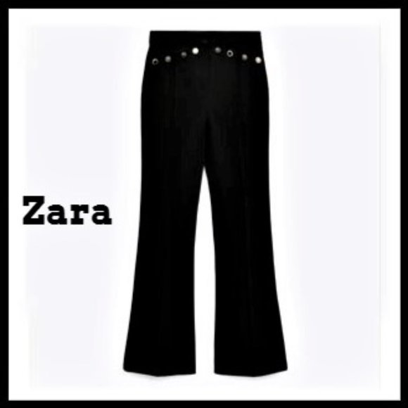 Nwt Zara Gold Metal Cresent Button black flared pant LRG MSRP $140 BLOGGERS FAV - Picture 5 of 6